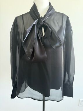 Sheer Black Bow-Neck Blouse - Women Tops